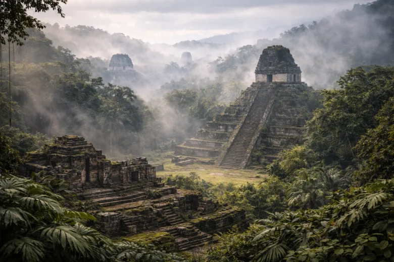 Estruturas antigas escondidas sob árvores gigantes da selva de Belize