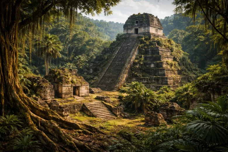 Antigos templos ocultos pela vegetação densa das florestas da Guatemala