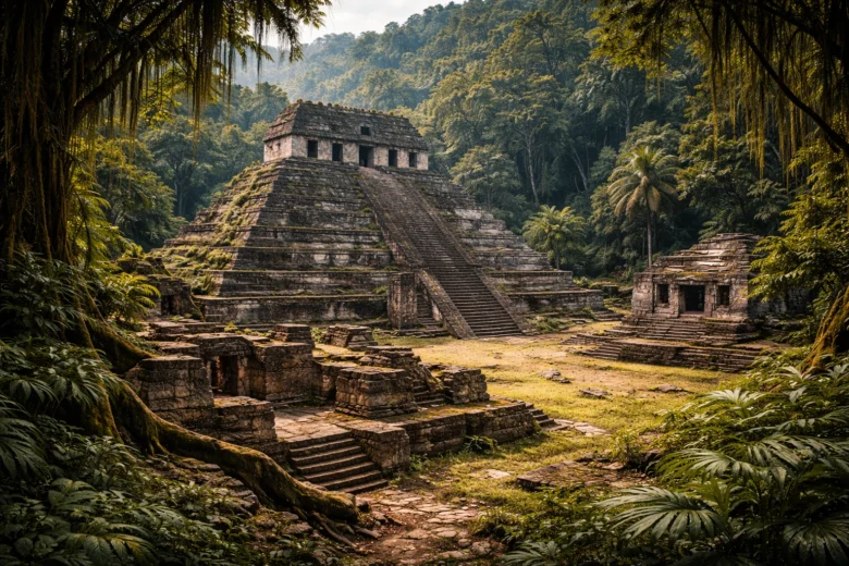 Pirâmides antigas cobertas pela floresta tropical da Península de Yucatán