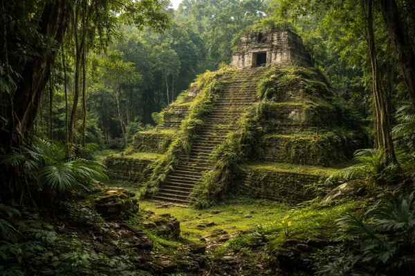 Templos maias cobertos pela vegetação em Yucatan
